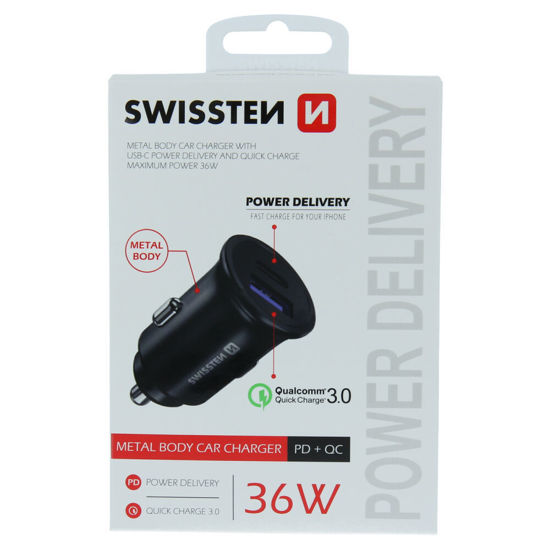 Fotografia e SWISSTEN CAR ADAPTER POWER DELIVERY USB-C + QUICK CHARGE 3.0 36W METAL BLACK.