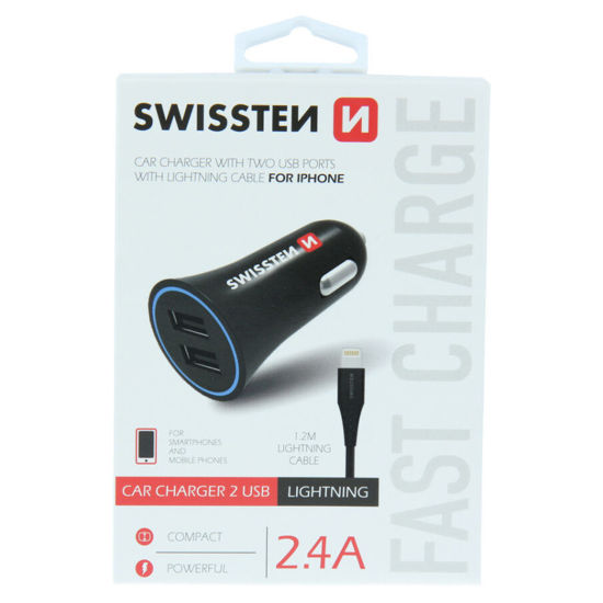 Fotografia e SWISSTEN CAR CHARGER WITH TWO PORTS 2.4A IPHONE.