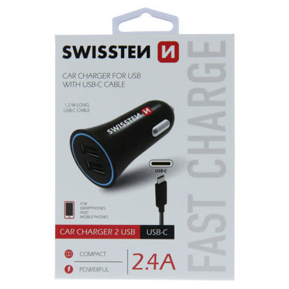 Fotografia e SWISSTEN CAR CHARGER 2.4A POWER WITH 2x USB + CABLE USB-C.