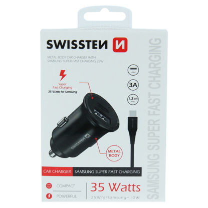 Fotografia e SWISSTEN CAR CHARGER FOR SAMSUNG SUPER FAST CHARGING 25W + DATA CABLE USB-C/USB-C 1,2 M BLACK.