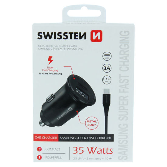 Fotografia e SWISSTEN CAR CHARGER FOR SAMSUNG SUPER FAST CHARGING 25W + DATA CABLE USB-C/USB-C 1,2 M BLACK.