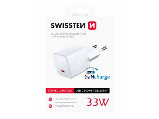 Fotografia e SWISSTEN MINI POWER ADAPTER GaN, PD, USB-C, 33 W.